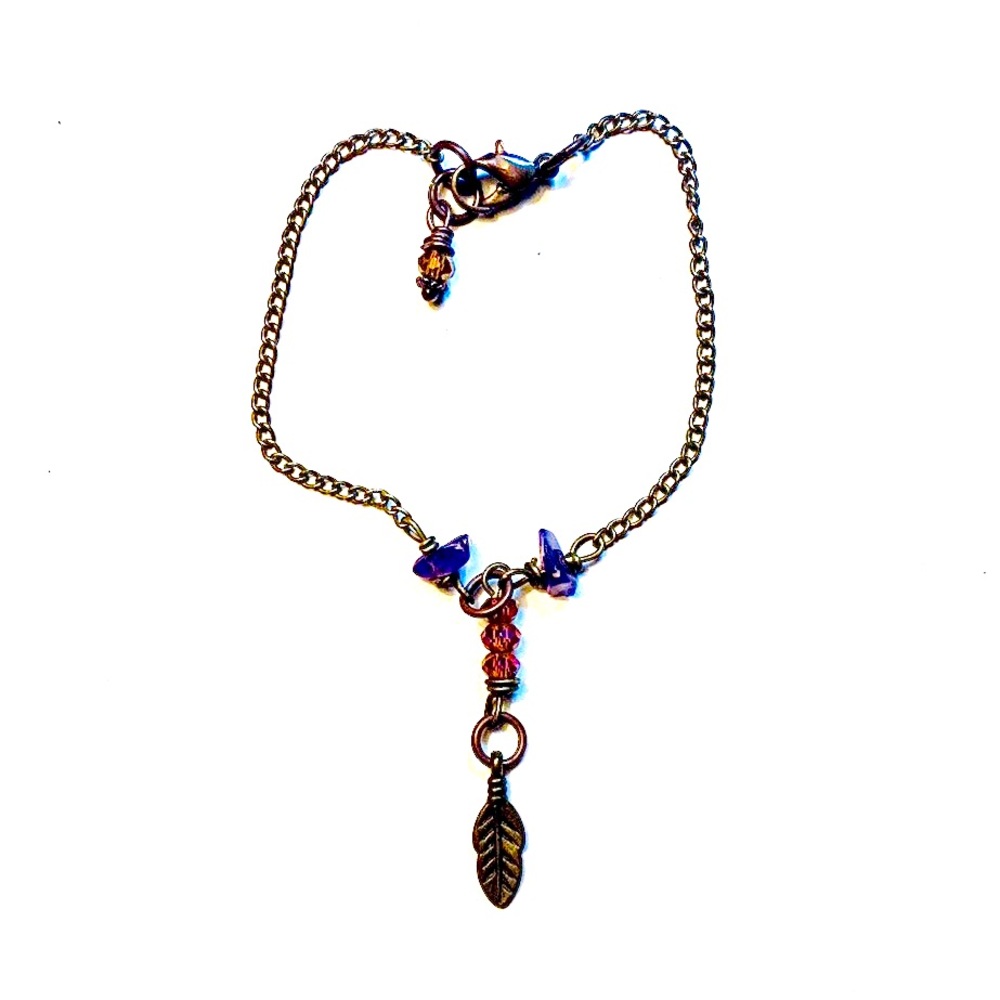 Amethyst and Feather Delicate Chain Stone Bracelet Handmade